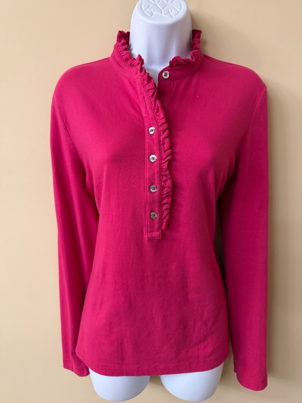 Brooks Brothers Cotton Ruffled Henley, Size M. Pink Button Up Sweater